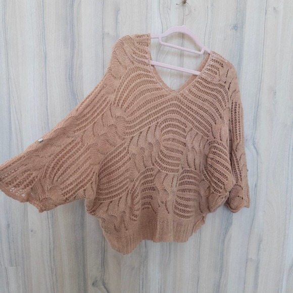 Womens Boho Open Knit Batwing Sweater Size L/XL Blush Tan Oversized Cottage Cozy - Picture 6 of 7